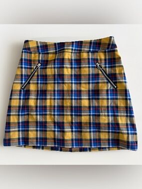Forever 21 Plaid Mini Skirt Yellow Blue Preppy Zip Pocket Small